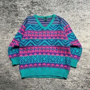 Extra Sweater Mens Small Pink Teal Blue Vintage 90s Geometric Pattern Grandpa